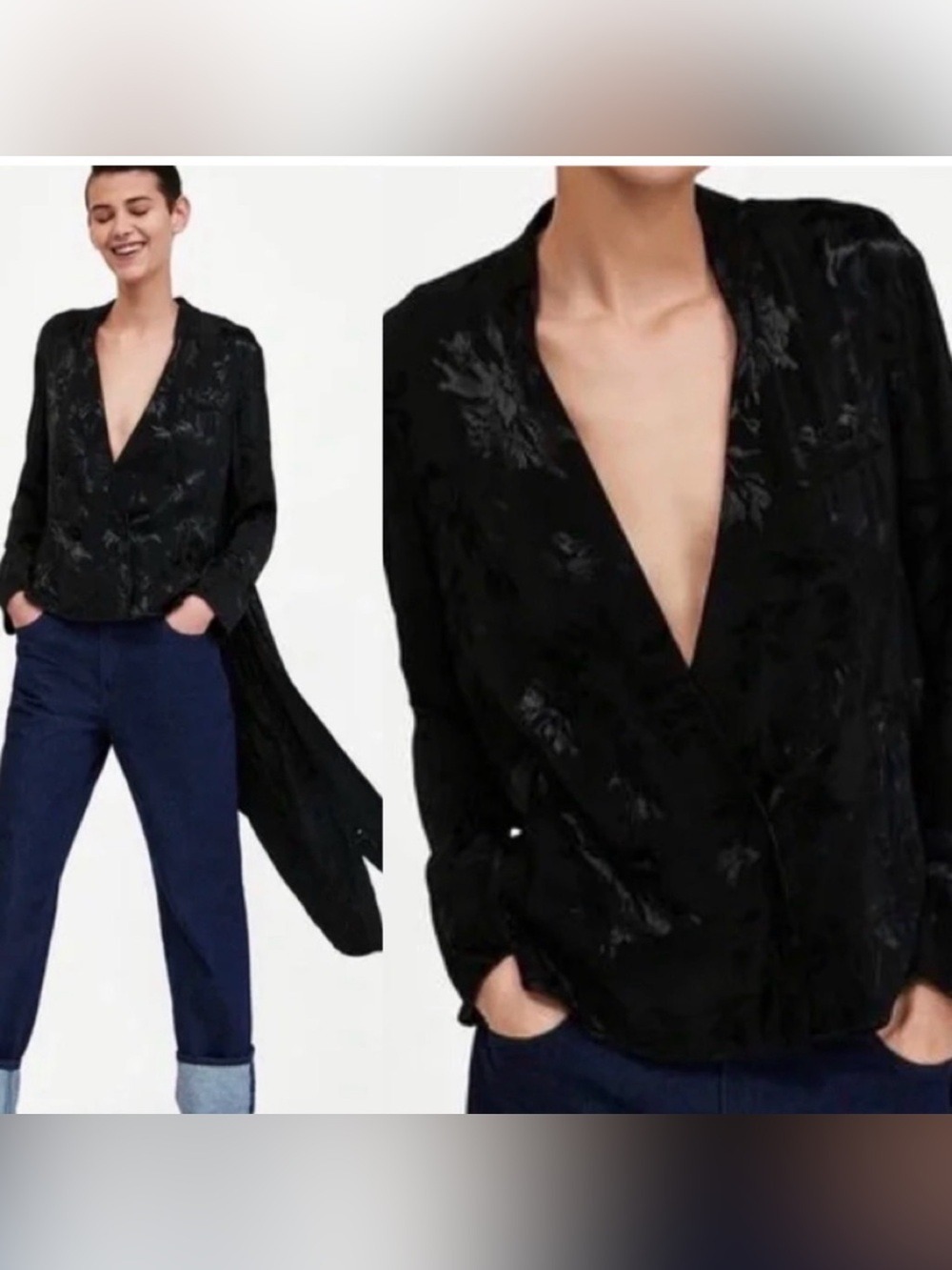 Zara black satin floral embroidered jacquard Brocade high-low blazer jacket Sz L